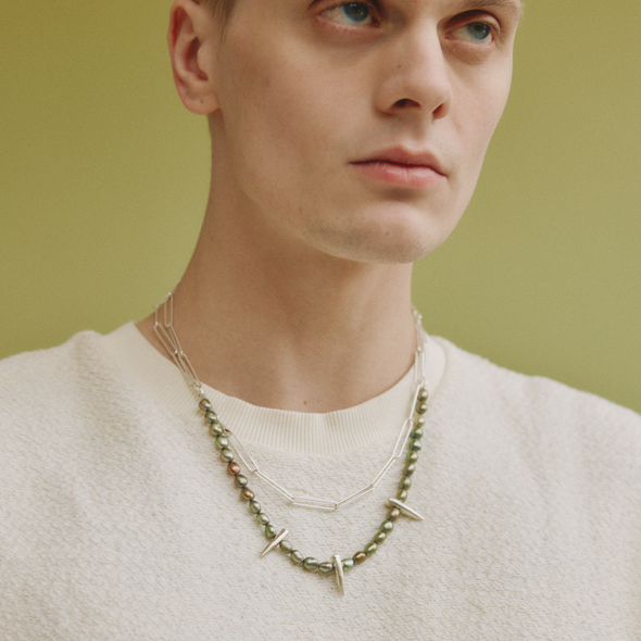 male model wearing our spike pearl & paperclip necklace