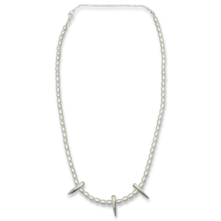 freshwater rice pearls necklace with three sterling silver spikes