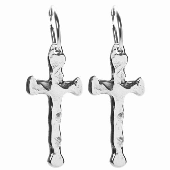 Extra large cross pendants in sterling silver, hanging from silver hoops