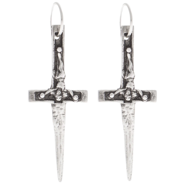 solid sterling silver xl crucifix dagger pendant hanging from silver hoop