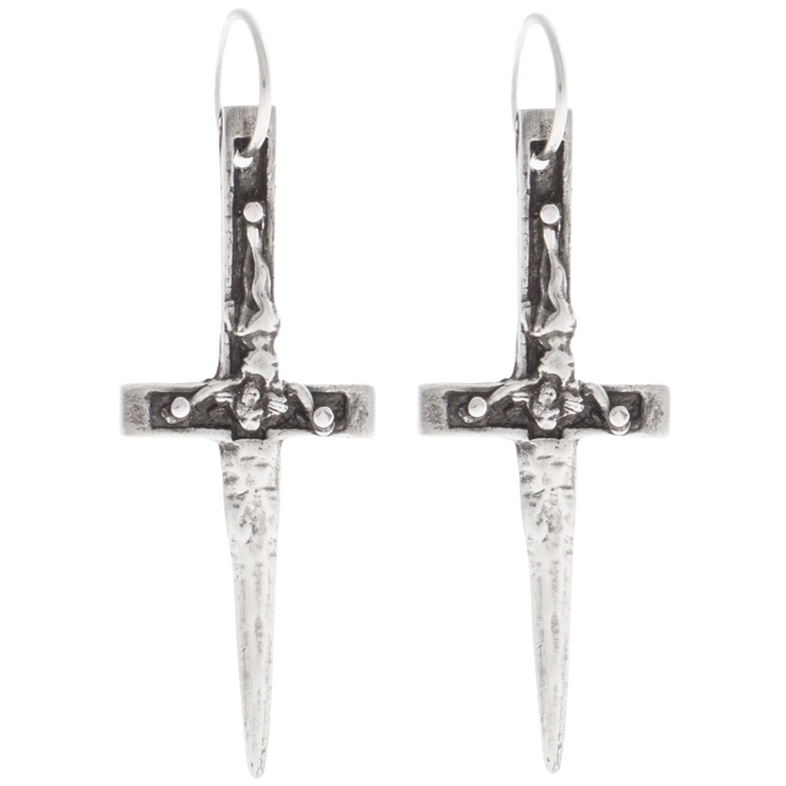 solid sterling silver xl crucifix dagger pendant hanging from silver hoop