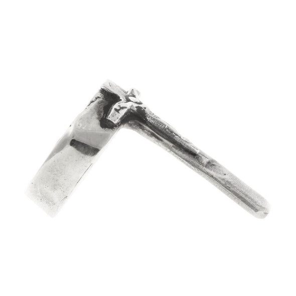 side view of Handmade Sterling Silver spike ring with a crucifix detailing.
