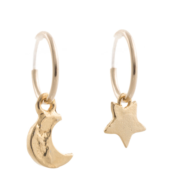 moon and star shaped 14k gold pleated pendants hanging from 14k gold filled hoops