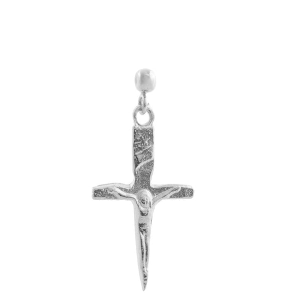 Handmade Sterling Silver crucifix pendant hanging from a 3MM hypoallergenic Sterling Silver Argentium ball stud.