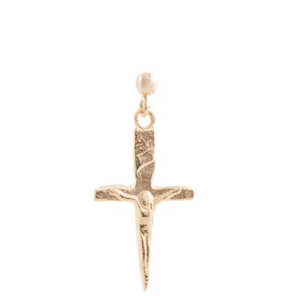 Handmade 14k Gold Plated crucifix pendant hanging from a 3MM hypoallergenic 14k Gold Filled ball stud.