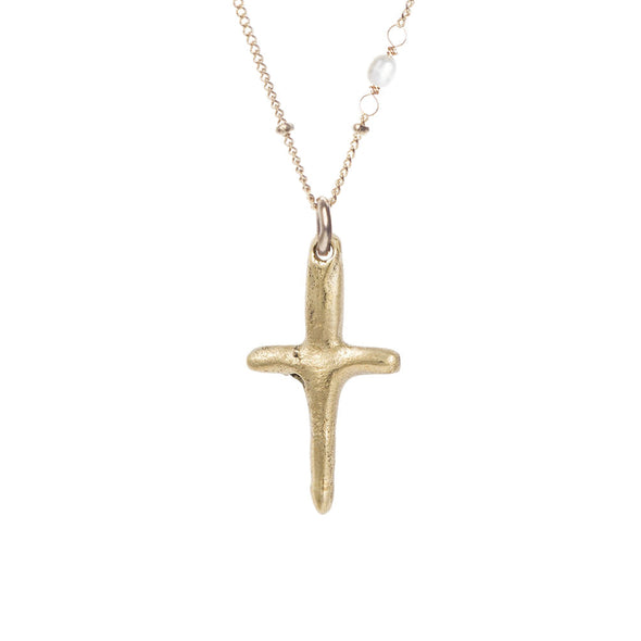Handmade 14k Gold plated mini Cross pendent hanging from a 14k Gold filled beaded chain with a pearl.