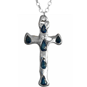 Handmade Sterling Silver Argentium XL Cross set with six blue sapphires  hanging from a hypoallergenic Sterling Silver Argentium rolo chain. 