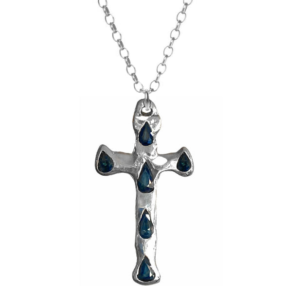 Handmade Sterling Silver Argentium XL Cross set with six blue sapphires  hanging from a hypoallergenic Sterling Silver Argentium rolo chain. 