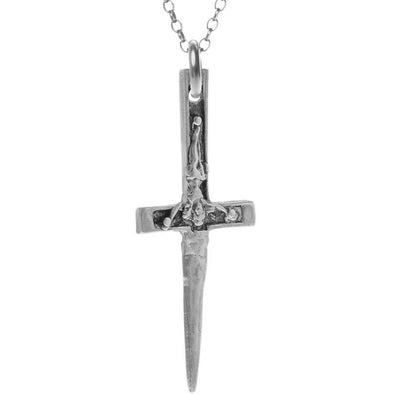 sterling silver xl crucifix dagger pendant hanging from sterling silver rolo cahin
