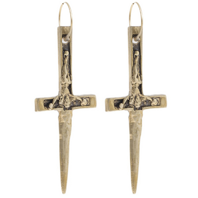 brass xl crucifix dagger pendants hanging from 14k gold filled hoop