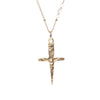 14k gold pleated mini crucifix dagger pendant hanging from 14k gold filled beaded chain with a pearl