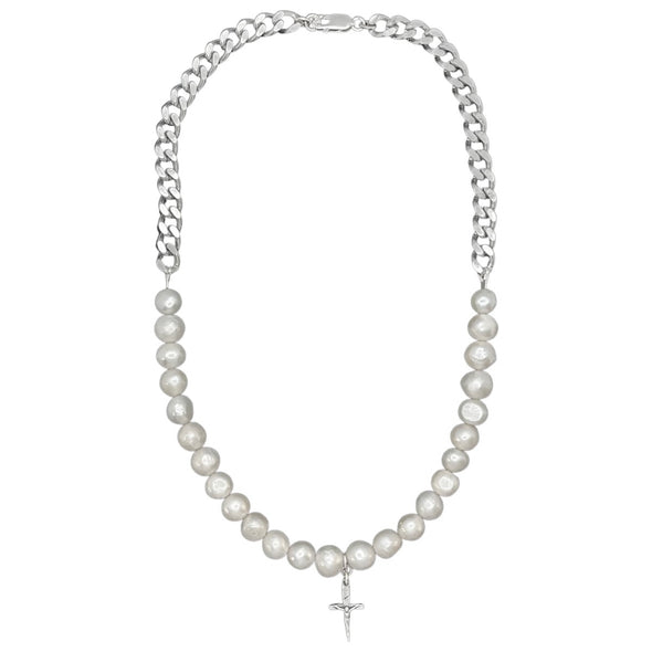 A half strand of freshwater white organic round shaped pearls, and stainless steel curb chain. Total length is 19” and features one of our signature Mini Crucifix Daggers in the center. 