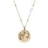 Coin necklace displaying a hand carved Maiden in 14k Gold plated-Brass. hanging from 14k gold filled hypoallergenic chain with pearl