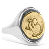 Sterling Silver Holy Biker Ring. Oval shaped signet ring with 14k Yellow Gold holy coin detail standing in a white background