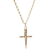 14k gold pleated mini crucifix dagger pendant hanging from 14k gold filled rolo chain