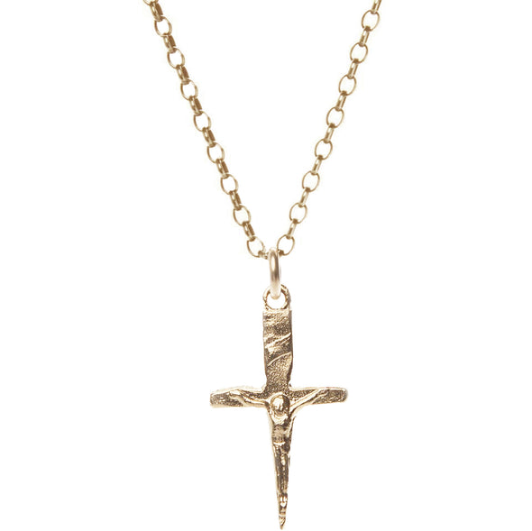 14k gold pleated mini crucifix dagger pendant hanging from 14k gold filled rolo chain